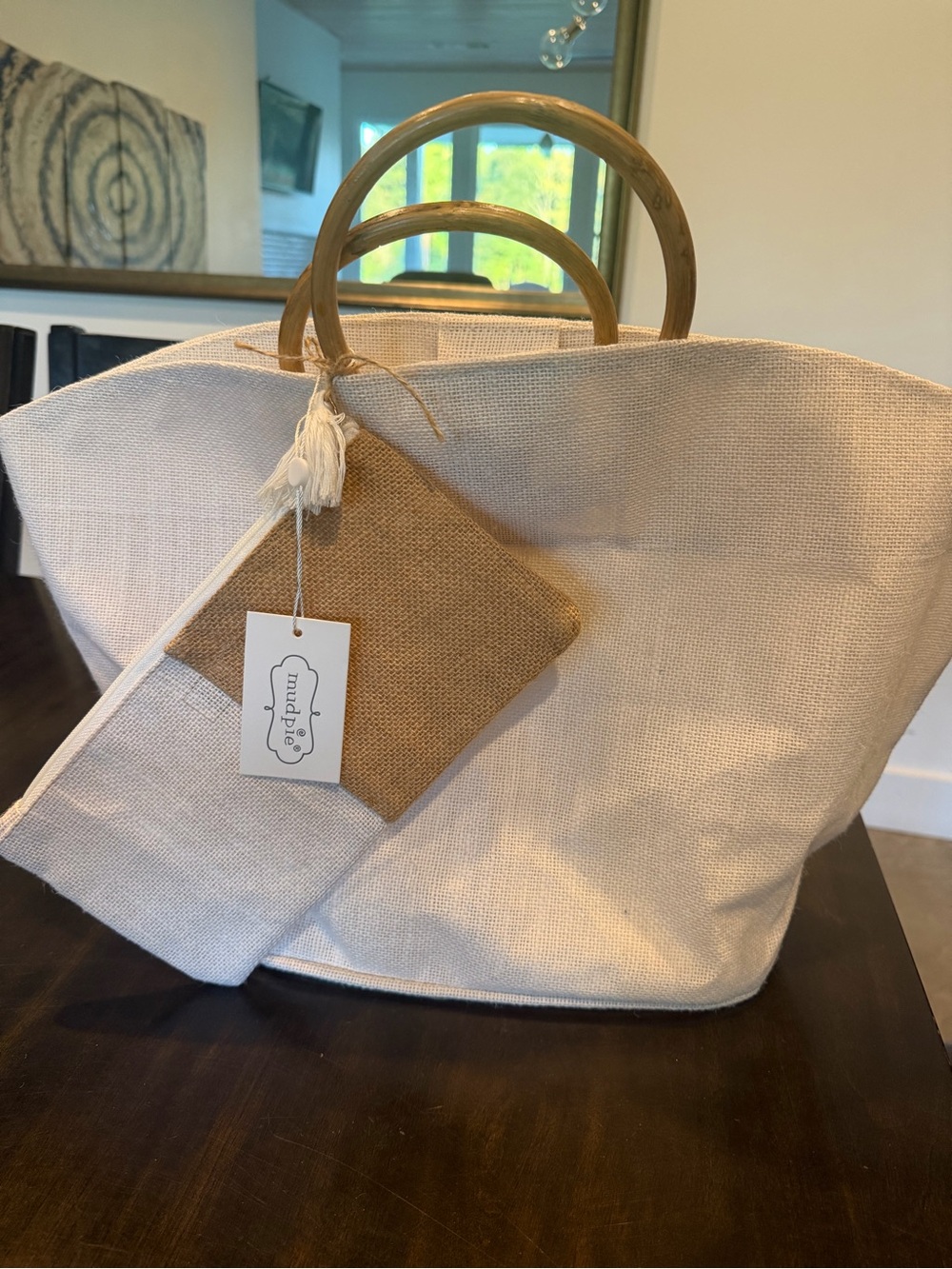 Mud Pie Cream Canvas Tote with Bamboo Ring Handles - Picture 2 of 7